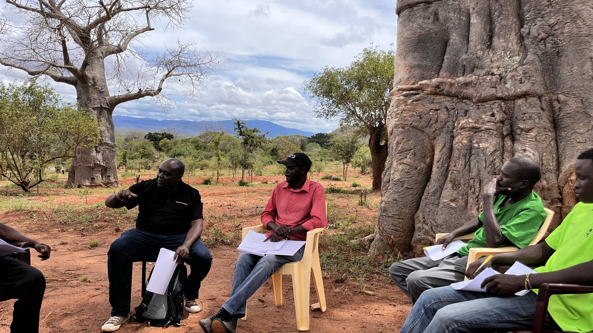 Crostar and farm partners discussing field programmes under a baobab tree